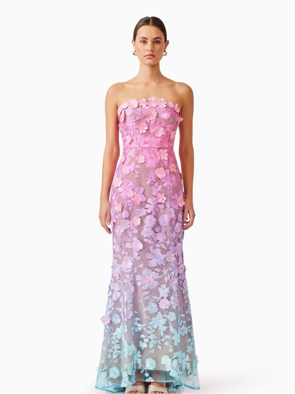 Elliatt Strapless Pink to Blue Ombre Floral Appliqué Gown